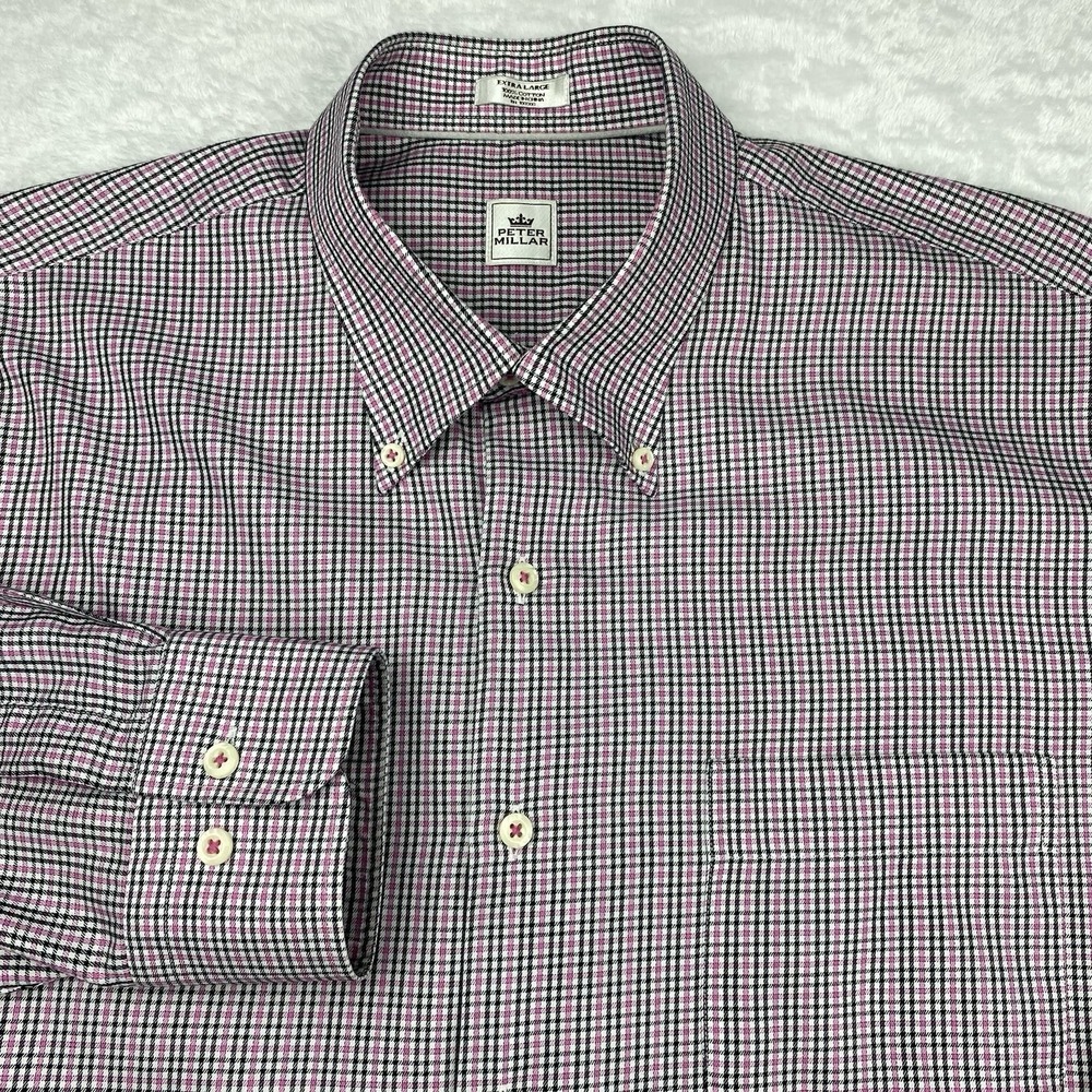 Peter Millar Dress Shirt Mens XL Pink/Black Checks Long Sleeves